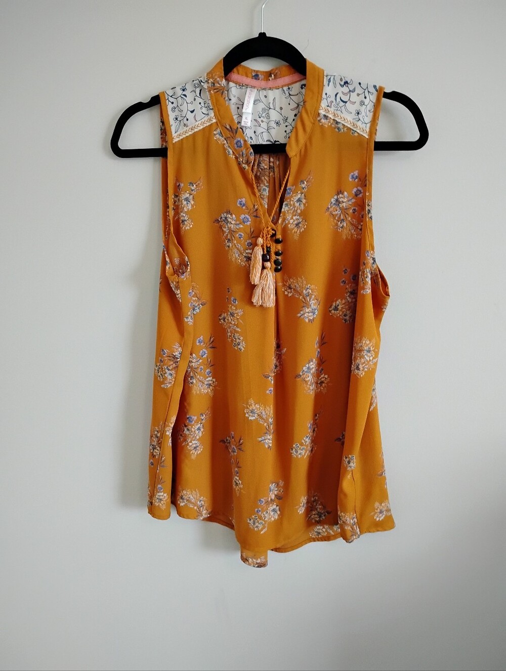 Exhilaration Sleeveless Boho Mustard Floral Tassel Front Women's Top